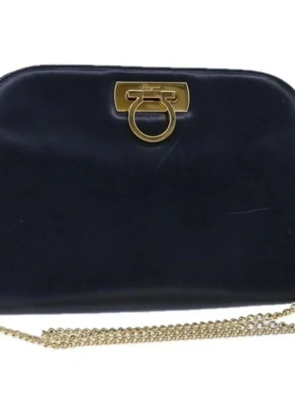 Salvatore Ferragamo Gancini Chain Shoulder Bag Leather Navy Gold Auth 105376